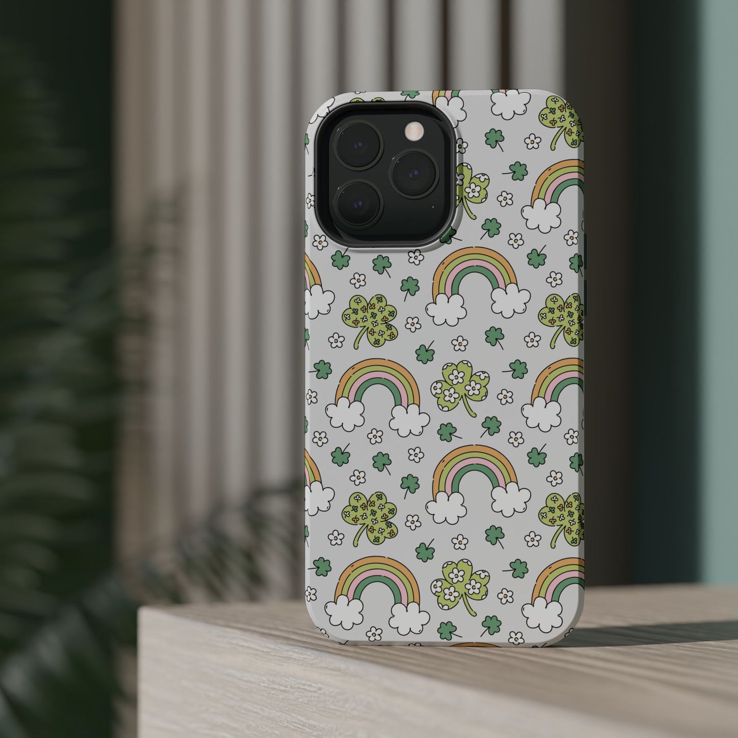 Rainbow St Patrick's Day iPhone Case, Magnetic Tough Cases, Pot of Gold Phone Cover, Irish Shamrock Accessories, Green Clover Mobile Case