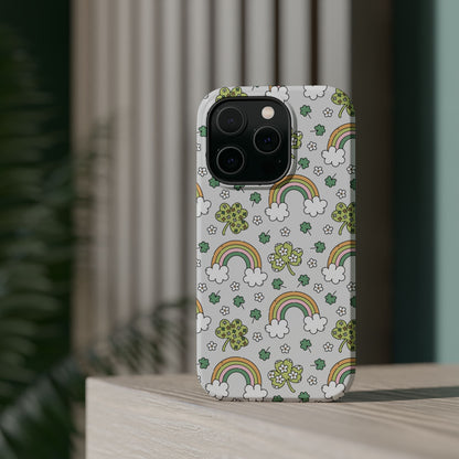 Rainbow St Patrick's Day iPhone Case, Magnetic Tough Cases, Pot of Gold Phone Cover, Irish Shamrock Accessories, Green Clover Mobile Case