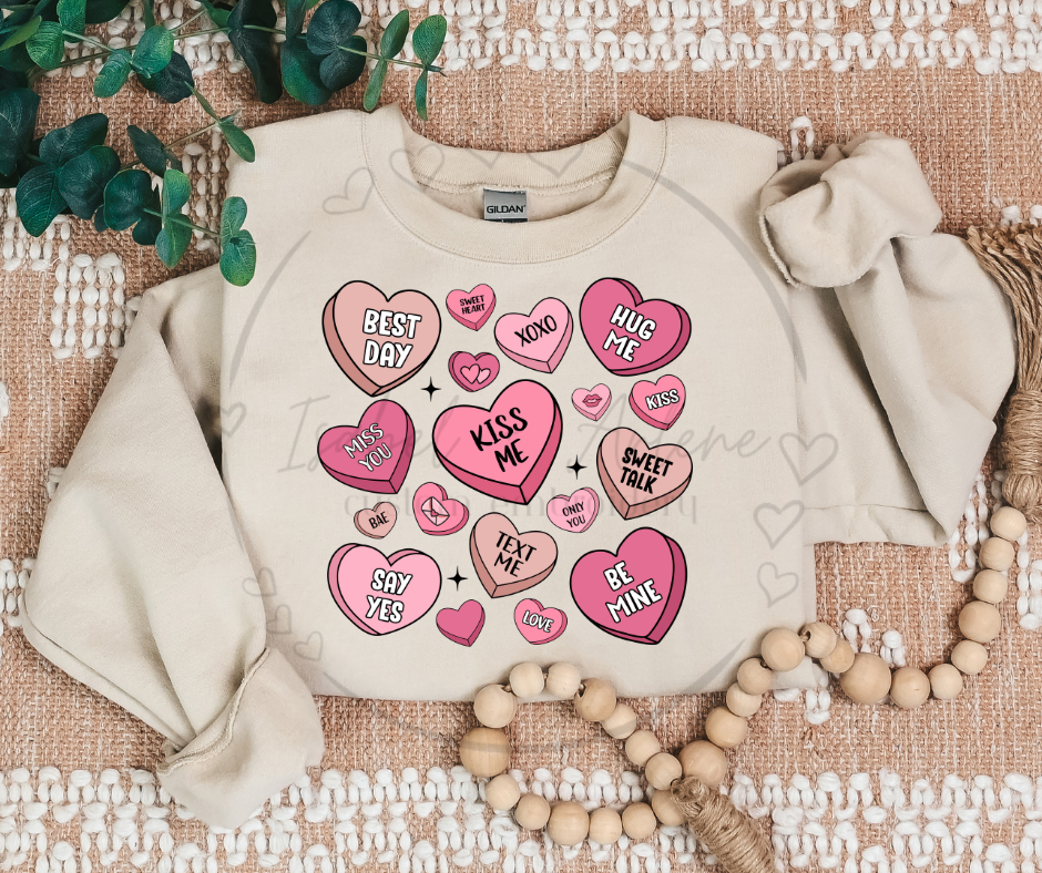 Valentine’s Day Crewneck | Cute & Trendy Conversation Hearts DTF Printed Sweatshirt | Cozy Love-Themed Shirt