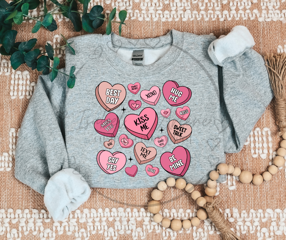 Valentine’s Day Crewneck | Cute & Trendy Conversation Hearts DTF Printed Sweatshirt | Cozy Love-Themed Shirt