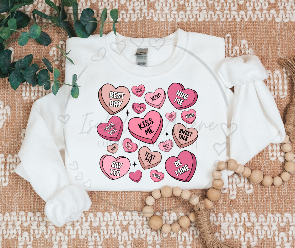 Valentine’s Day Crewneck | Cute & Trendy Conversation Hearts DTF Printed Sweatshirt | Cozy Love-Themed Shirt