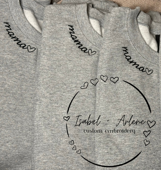 Mama Crewneck Sweatshirt | Embroidered Heart Design on Collar | Cozy & Trendy Mother’s Day Shirt | Gift for Moms