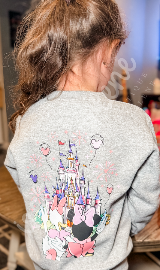 Park Day Besties Sport Gray Crewneck – Mouse & Duck with Castle and Fireworks | DTF Print on Gildan 18000 or Rabbit Skins Toddler Crew | Parks Inspired Sweatshirt