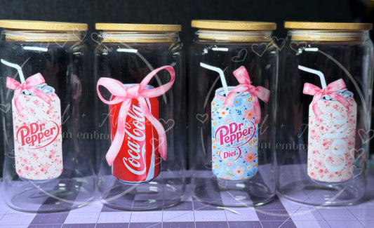 The Fizzy Collection | Floral Soda Lover Glass Can Tumblers | Coca Cola, Diet Coke, Dr Pepper & Diet Dr Pepper Designs | Bamboo Lid + Straw