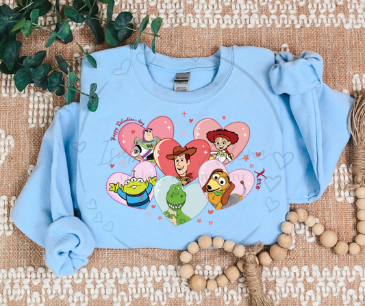 Valentine’s Day Crewneck | Toy-Inspired Characters in Hearts DTF Printed Sweatshirt | Cozy & Fun Love-Themed Shirt